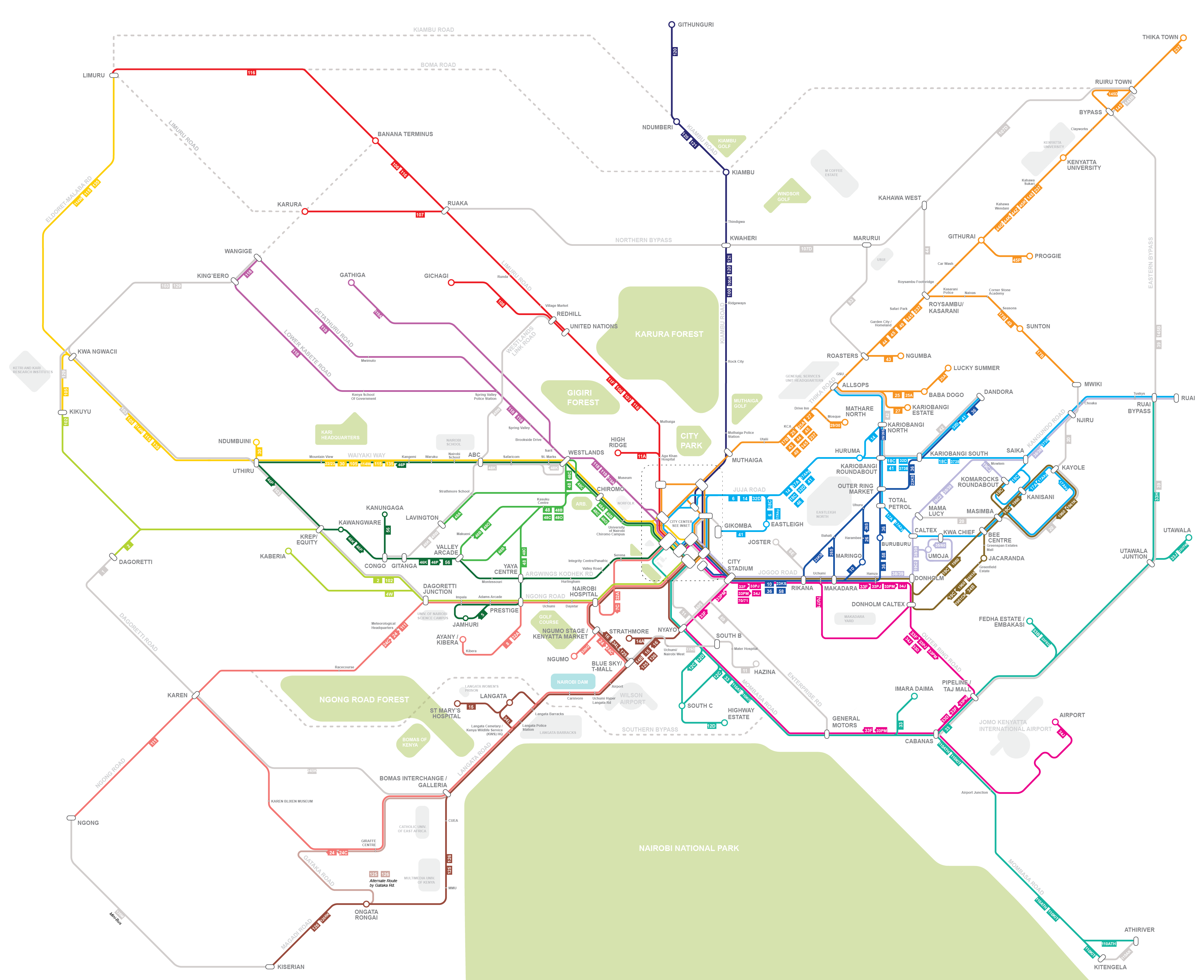 Digital Matatus diagrammatic map of Nairobi's matatu network, first comprehensive visualization of the city's 130+ routes